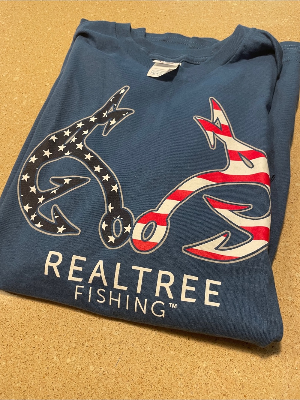 Realtree Navy Blue Tee with American Flag Fishhook Graphics